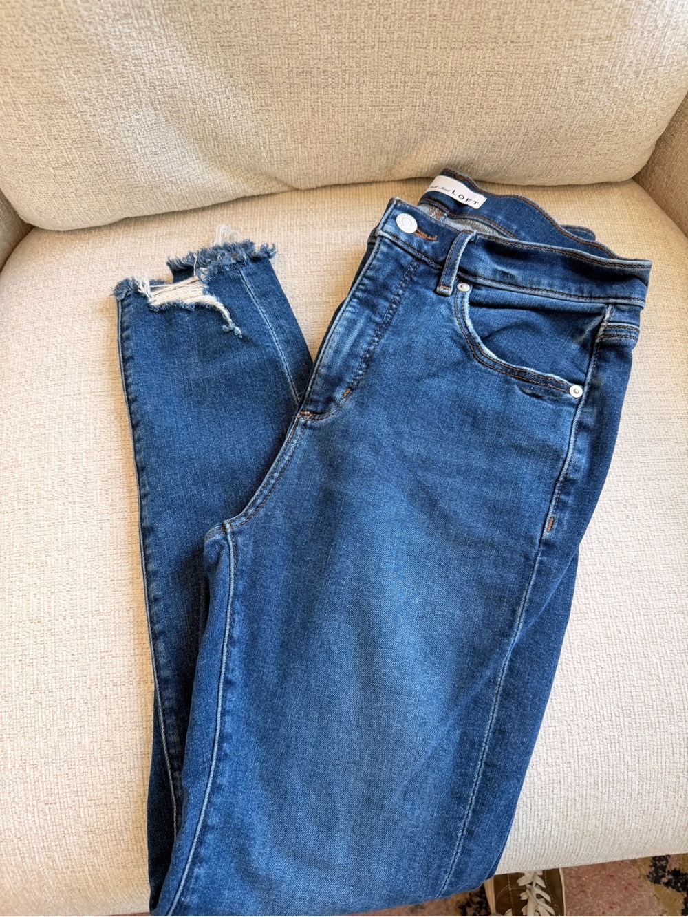 LOFT Dark Blue High-Rise Frayed-Hem Skinny Jeans